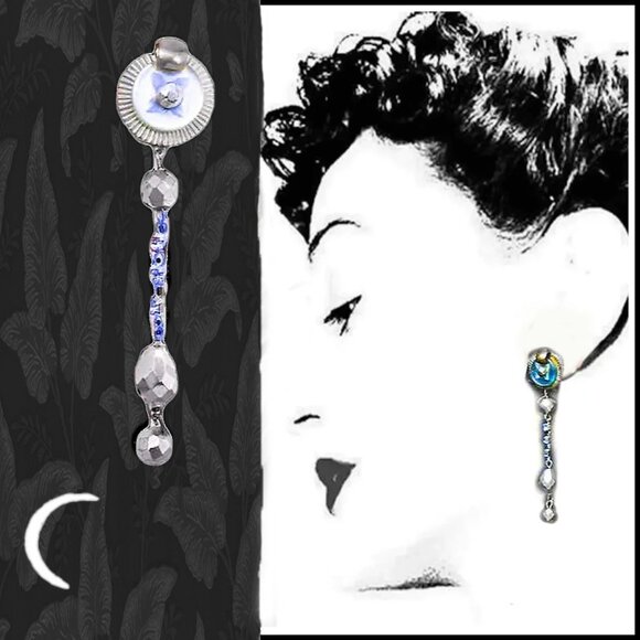 Long Chain dangle Earrings Light Blue Skinny Earring Set Recycled Vintage - Picture 1 of 10